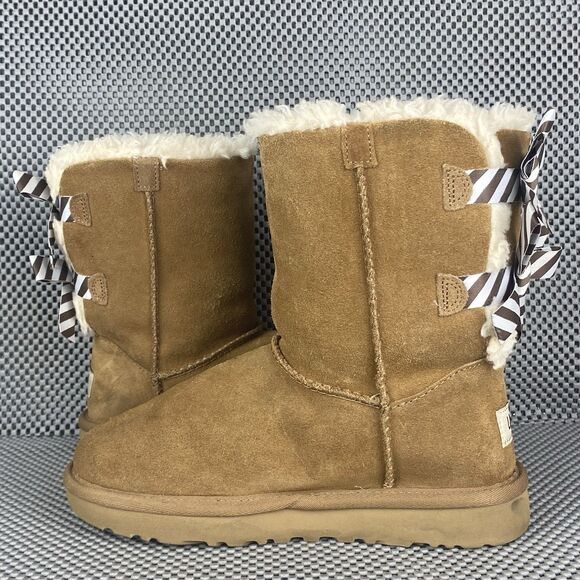 UGG Bailey Bow II Boots Womens Size 5 Brown Leather Sheepskin Pull On Winter - Picture 4 of 9